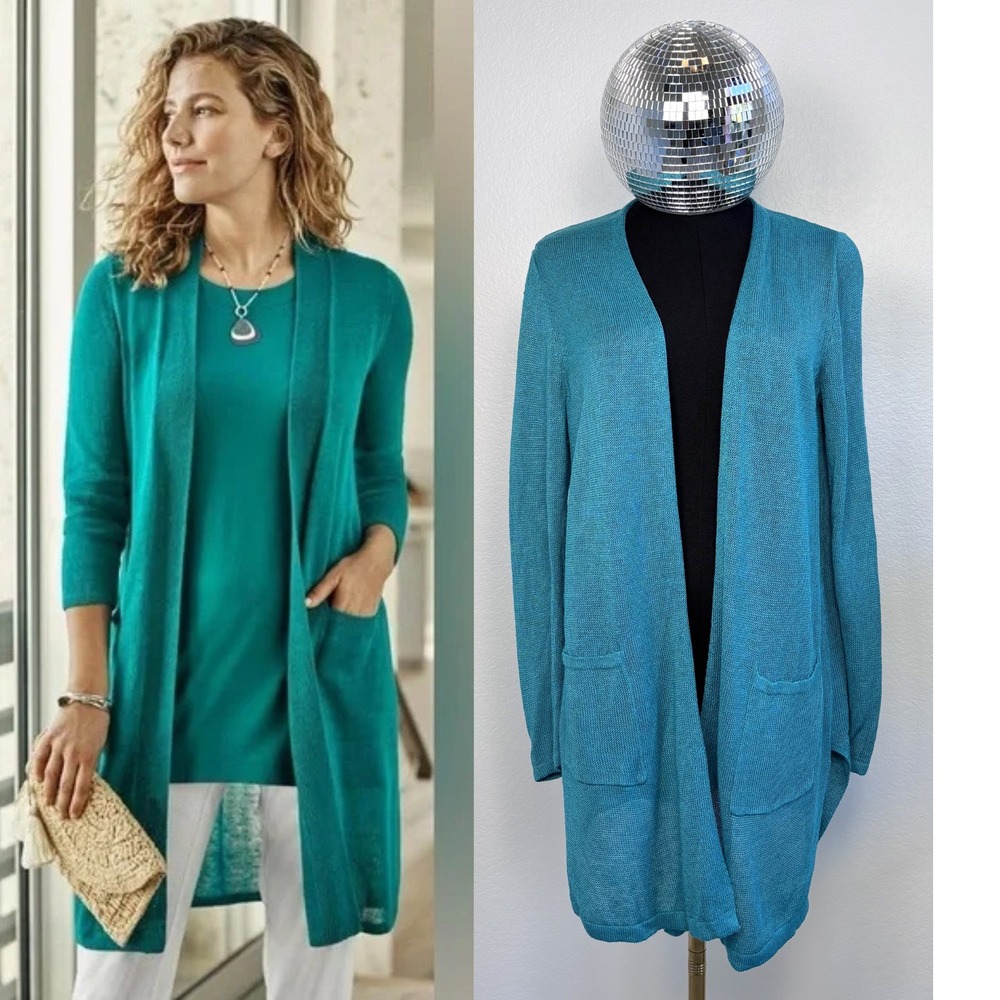 J. Jill Linen Blend Open Front Cardigan, Petite Medium, Teal Coastal beachy
